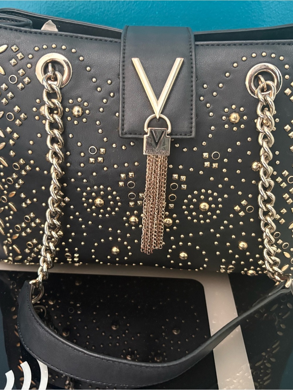 Mario Valentino  Black Leather Studded Chain Tote with Gold Tassel